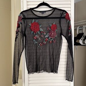 American Eagle Outfitters Black Sheer Top with Red Floral Embroidery
